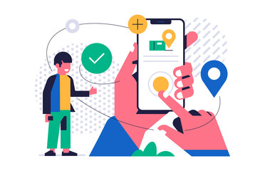 Online parcel delivery service concept. Mobile app concept. Hand holding phone with parcel delivery application on display. A happy man made an order in the online store through a mobile application.