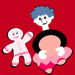 the boy sits cross-legged and smiles at the gingerbread man. Design element