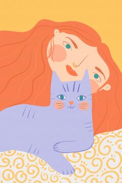 Woman with cat portrait illustration