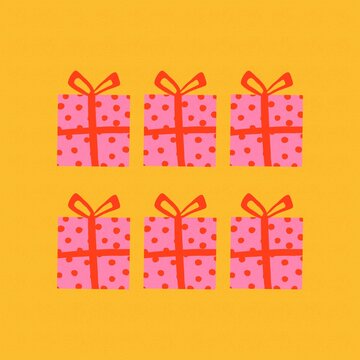 Six pink gift boxes on yellow
