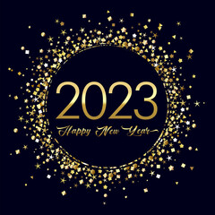 2023 A Happy New Year symbol. Round logotype concept. Abstract isolated graphic design template. Gold coloured numbers. Christmas creative decoration. Golden snowy ball and web shiny glittering digits