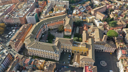 Aerial drone photo of Basilica of Our Lady in Trastevere a grand Catholic church known for its 12th-century mosaics  lavish interior with 22 Roman columns, Rome, Trastevere, Italy