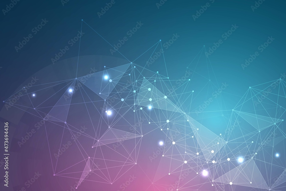 Poster geometric abstract background with connected line and dots. structure molecule and communication. bi