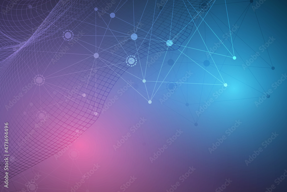 Poster geometric abstract background with connected line and dots. structure molecule and communication. bi