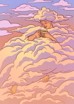 Drinking coffee in the clouds on sunset