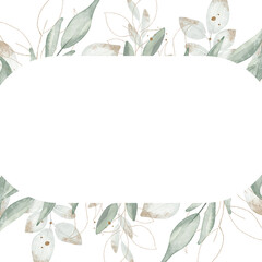 Green and gold spring creative floral watercolor background and border