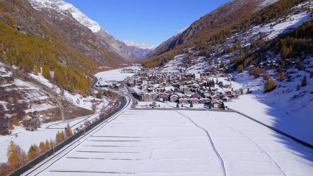 The Village of Tasch in Switzerland in the Winter Aerial View