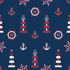 Seamless pattern. Background of marine symbols: anchor, lighthouse, steering wheel. Navy. Vector illustration of nautical elements. Colored web icons for design of wrapping paper and baby clothes.