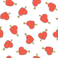 Love Heart Pierced By An Arrow Seamless Pattern On A White Background. Red Heart Icon Vector Illustration
