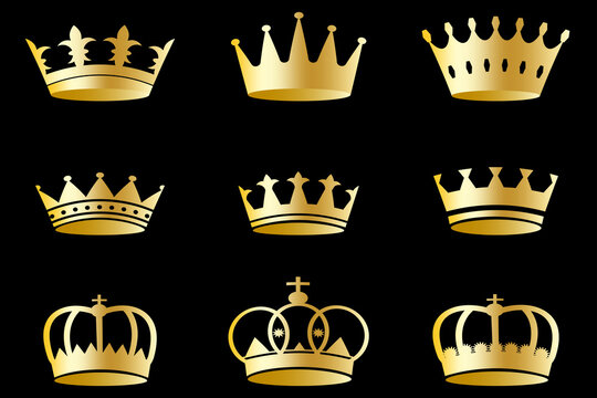 Crowns icon set. Golden sign. Logo art. Black background. Hand drawn. Modern design. Vector illustration. Stock image. 