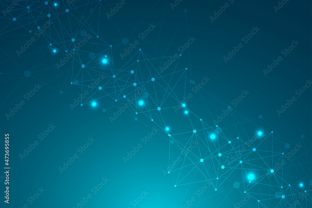 Poster geometric abstract background with connected line and dots. structure molecule and communication. bi