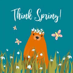 Happy Groundhog Day greeting card. Happy Groundhog Day Typographic Vector Design with Cute Groundhog Character - Think Spring.