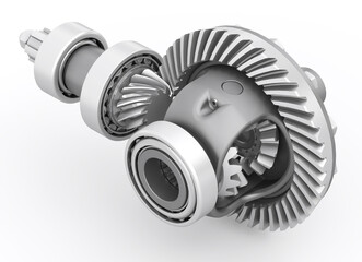 Differential with bearings on a white background. Gears and bearings. Reducer. 3d render - obrazy, fototapety, plakaty