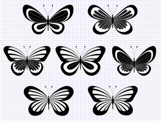 Butterfly. Stylized vector. Set of black and white insects. Abstract butterflies silhouettes isolated on white background for use as design elements or logo. Coloring book page