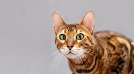 Cute, adorable bengal cat head, looking at camera on light gray background.Beautiful amazed, surprised pet face, close -up shot.Copy space for text.