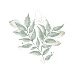Green and gold spring creative floral watercolor composition with hand