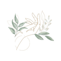 Green and gold spring creative floral watercolor composition with hand