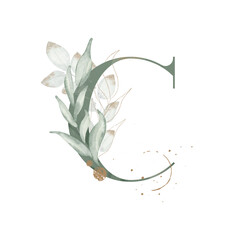 Green and gold springcreative floral watercolor alphabet letter