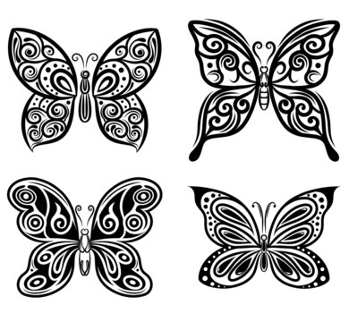 Collection of beautiful butterflies silhouettes style for tattoo design
