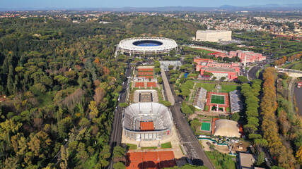 Aerial drone photo of iconic Foro Italico tennis and swimming facilities, Rome, Italy - obrazy, fototapety, plakaty