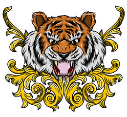 Tiger head tattoo in vintage baroque style