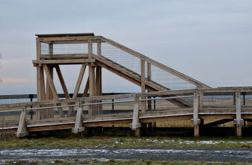 observation tower platform made of oak logs with barrier-free access for seniors and the immobile. zoo safari with a large paddock and terrace for tourists