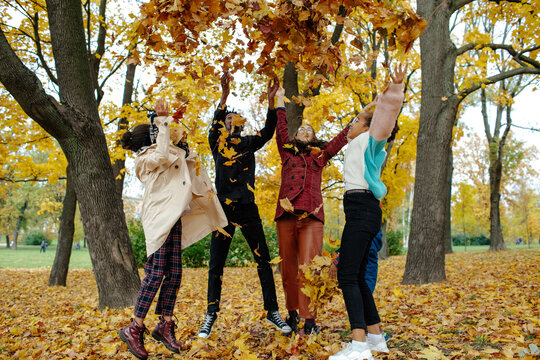 Diverse family throwing leaves in air