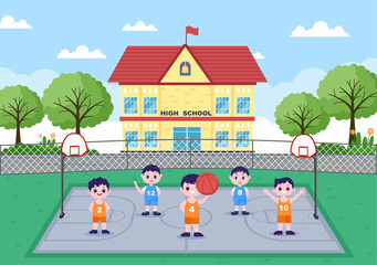 Obraz na płótnie Canvas Happy Kids Cartoon Playing Basketball Flat Design Illustration Wearing Basket Uniform in Outdoor Court for Background, Poster or Banner