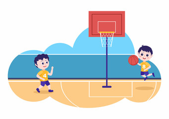Happy Kids Cartoon Playing Basketball Flat Design Illustration Wearing Basket Uniform in Outdoor Court for Background, Poster or Banner