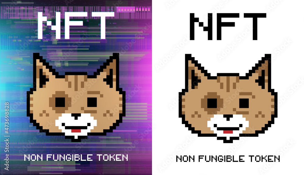 Poster crypto art nft token. non-fungible token. cute cat face in pixel style, isolated on white and glitch