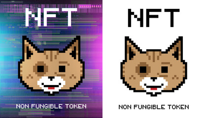 Crypto art NFT token. Non-fungible token. Cute cat face in Pixel style, isolated on white and glitch background. NFT token token in blockchain technology in digital crypto art. ERC20. Flat pixel cat. - obrazy, fototapety, plakaty
