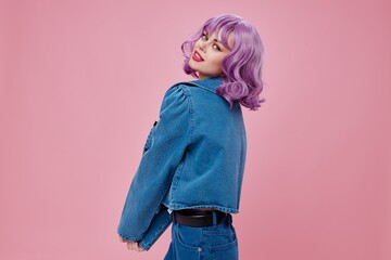 Young woman wavy purple hair blue jacket emotions fun color background unaltered