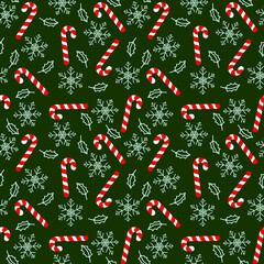 Christmas vector pattern with snowflakes and candy cane on a dark green background. New Year's theme