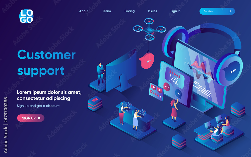 Poster customer support concept isometric landing page. team responds to incoming emails and answering call