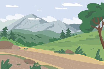Lush green meadows with mountains and a road. Vector illustration in flat style