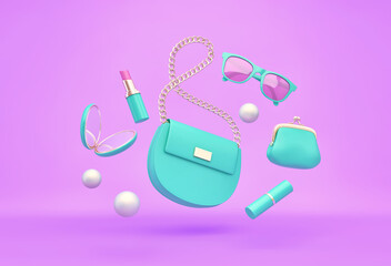 Green women's bag, purse, lipstick, mirror, sunglasses flying over purple background