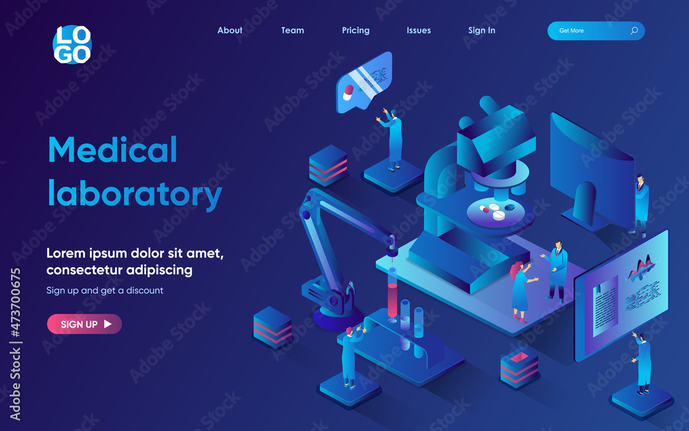 Aufkleber medical laboratory concept isometric landing page. team of scientists develops medicines, does medic