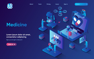 Medicine concept isometric landing page. Scientists develops medicines, does research in lab, pharmacy industry, healthcare 3d web banner template. Vector illustration with people scene in flat design