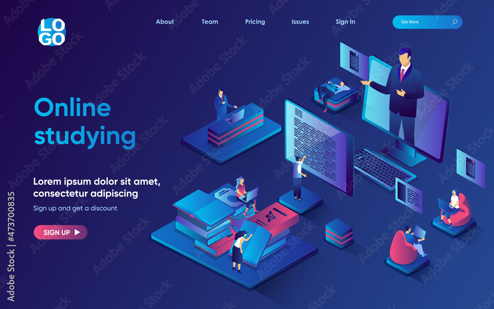 Aufkleber online studying concept isometric landing page. students watch webinars and online lectures, read bo