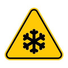 Snow and ice road sign. Slippery road symbol. Vector illustration of yellow triangle warning sign with snowflake icon inside. Caution snowfall, winter driving. Winter and low temperature concept.
