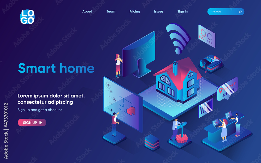 Leinwandbilder smart home concept isometric landing page. automation control and monitoring of sensors in house wit