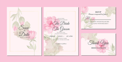 Hand painted of beautiful pink peony flowers watercolor as wedding invitation template.