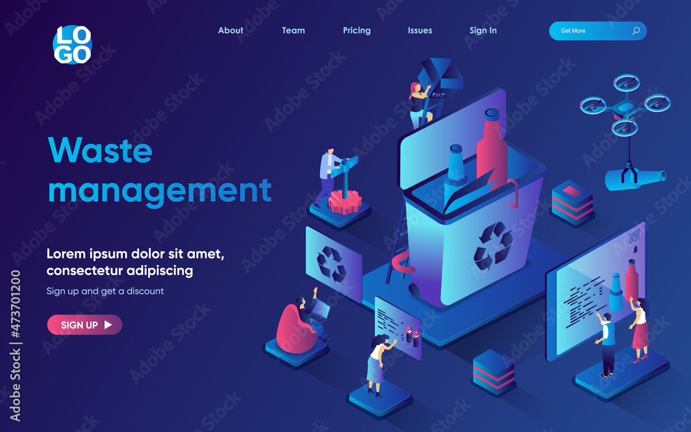 Leinwandbilder Waste management concept isometric landing page. Sorting of different types of trash, reuse and recycling of garbage, 3d web banner template. Vector illustration with people scene in flat design