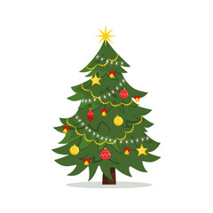 Decorated Christmas tree with lights, ornaments balls and garlands. Merry Christmas and Happy New Year. Flat style vector illustration.
