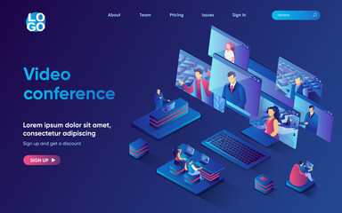 Video conference concept isometric landing page. Colleagues discussing work tasks by video call with multiple screens, 3d web banner template. Vector illustration with people scene in flat design