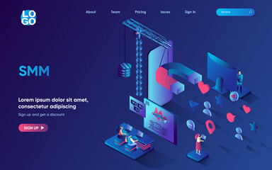 Smm concept isometric landing page. Team analyzes data and develops an online business strategy, social media marketing 3d web banner template. Vector illustration with people scene in flat design