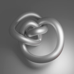 Steel wire tied in a knot on a gray background. A shiny gray torus intertwined into a knot. 3D render.