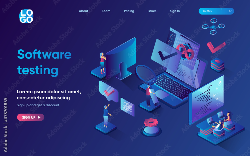 Poster software testing concept isometric landing page. team develops and optimizes programs or apps, looki
