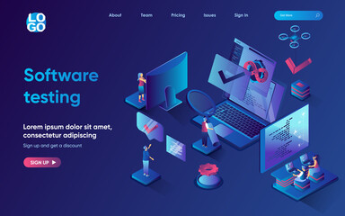 Software testing concept isometric landing page. Team develops and optimizes programs or apps, looking and fixing bugs, 3d web banner template. Vector illustration with people scene in flat design