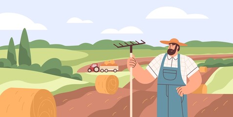 Farmer in agriculture field with dry hay bales. Farm worker and village farmland landscape during harvesting. Flat vector illustration of man peasant with rakes in agricultural plantation © Good Studio
